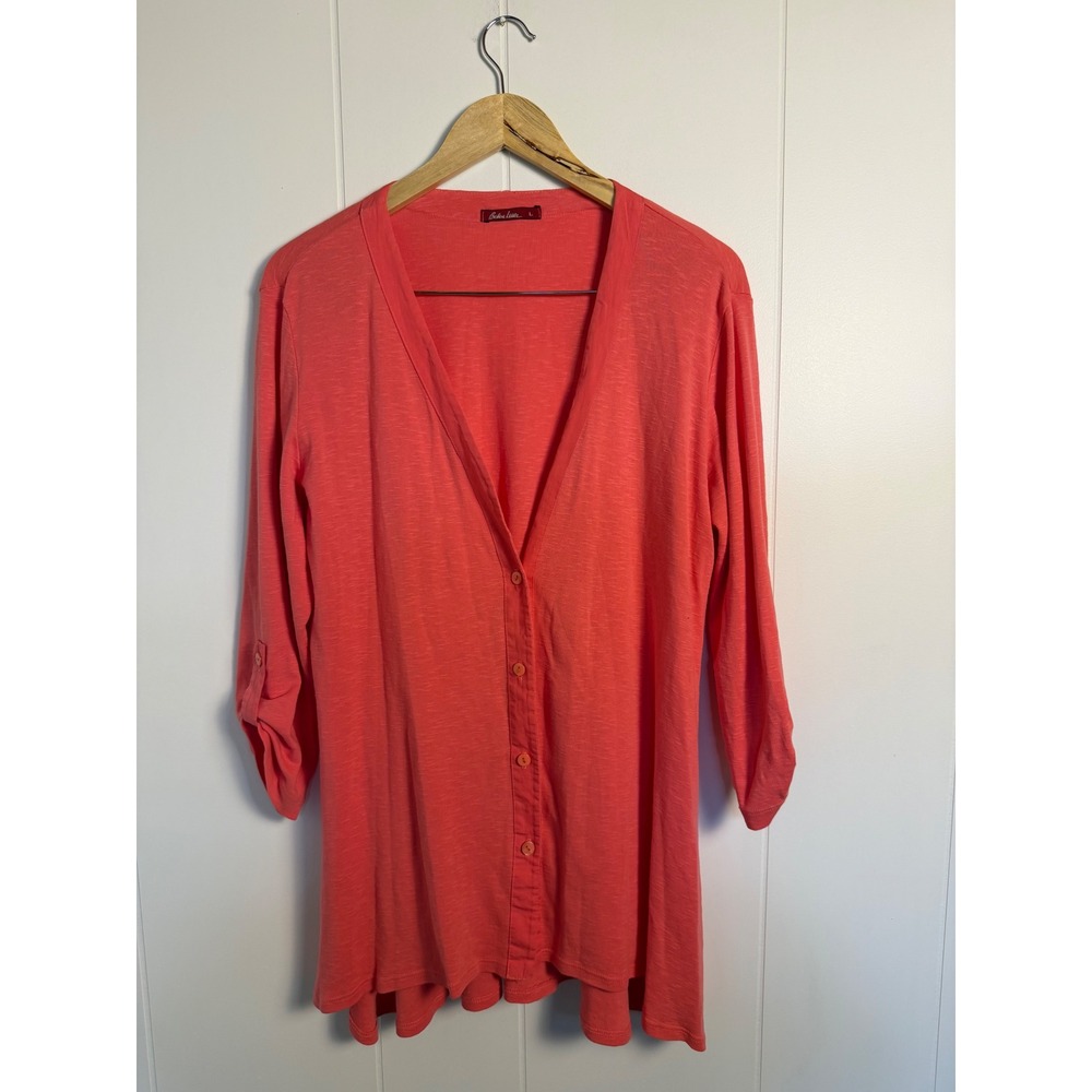 Coastal Barbara Lesser Cardigan L Coral Slub Knit Button Front Roll Tab Sleeve